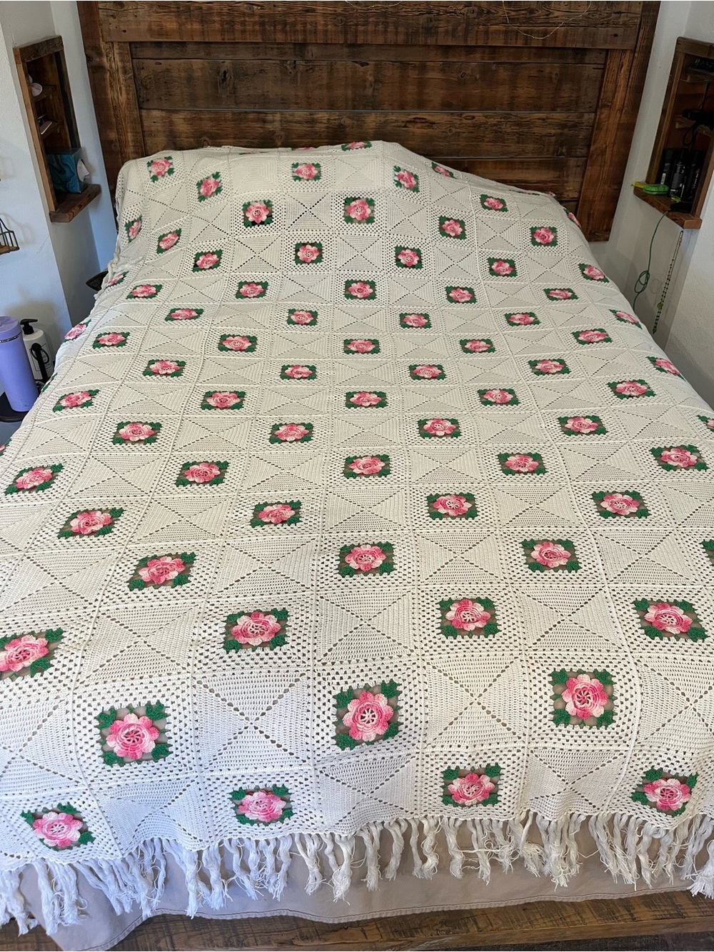 Handmade Crochet Floral Bedspread Throw - White with Pink Roses
